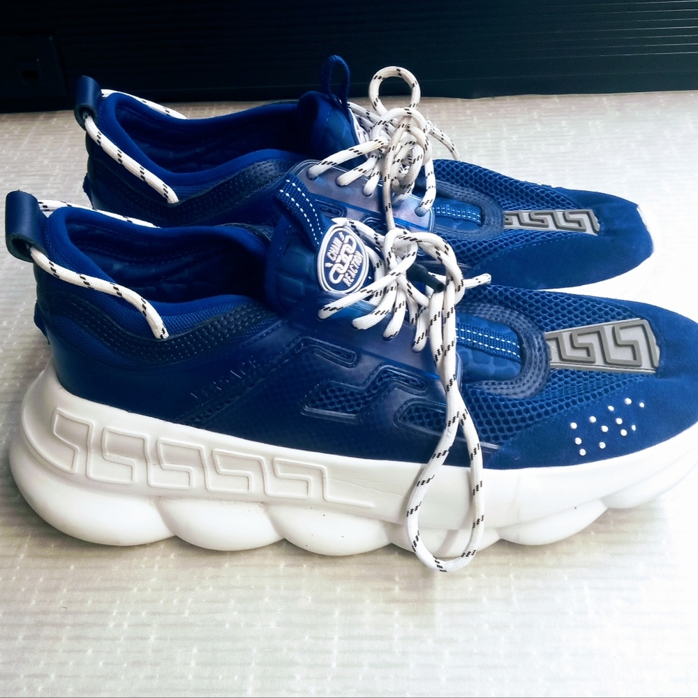 VERSACE Men's Chain Reaction Blue Designer Athletic Tennis Shoes US Size:12